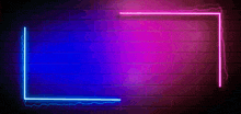 a neon sign on a brick wall with a blue and purple border .