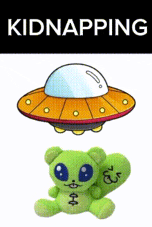 a drawing of a flying saucer and a green teddy bear with the words kidnapping below