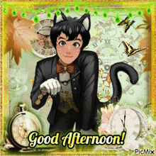 a picture of a cat with the words good afternoon written on it
