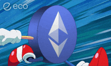 a cartoon character is holding a blue coin with an ethereum logo