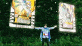 a man in a blue cape is standing in a field with his arms outstretched in front of two giant cards .
