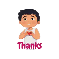 a cartoon of a boy making a heart with his hands and the word thanks below him
