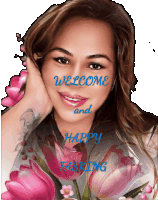 a woman with flowers and the words welcome and happy tasking