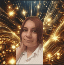a woman stands in front of a gold background