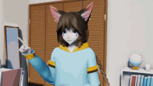 a girl with cat ears and a braided hair is pointing her finger
