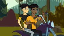 two cartoon characters are riding a motorcycle and one of them has the letter s on his shirt