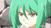 a close up of a green haired anime girl with a xrecorder logo in the corner