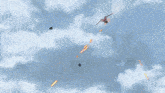 a red jet is flying through a cloudy sky with missiles coming out of it