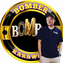 a man stands in front of a logo for bomber karawila