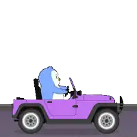 a penguin is driving a purple jeep next to a sign that says we