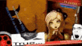 a shelf with a few toys on it including a witch doll