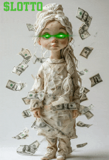a doll with a green eye is surrounded by money and the word lotto is above her