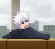 a cartoon character with white hair and sunglasses is laying on a couch .