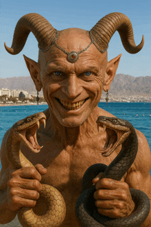 a man with horns is holding two snakes