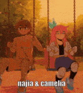 a man and a woman are sitting on swings with the words najia & camelia on the bottom .