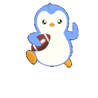 a blue and white penguin is holding a football with the letter h on it