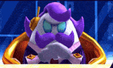 a cartoon character with purple hair and a mustache is sitting in a chair with his hands crossed .