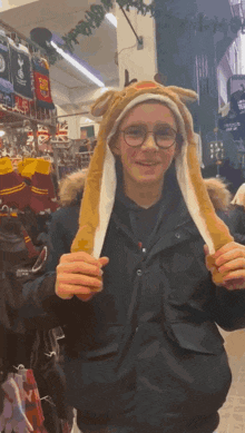 a man wearing glasses and a furry hat with ears