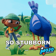 a mojo swoptops cartoon shows a boy and a bird
