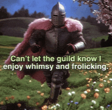 a knight with a pink cape is running through a field with the caption can 't let the guild know