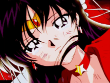 a close up of a girl 's face with a yellow star on her neck