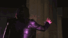 a purple glowing object is surrounded by pillars