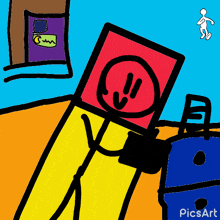 a cartoon drawing of a yellow stick figure holding a red box with a smiley face on it .