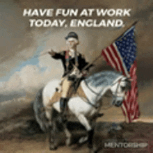 george washington is riding a horse with an american flag in england .