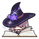 a witch is reading a book while wearing a purple hat .