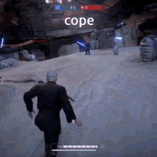 a video game screen shows a man running with the word cope above him