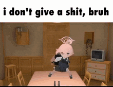 a cartoon girl is dancing in a room with the words i don 't give a shit bruh