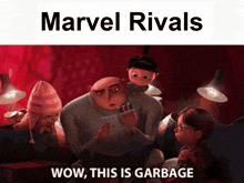 a group of despicable me characters are sitting in a room with the words wow this is garbage below them