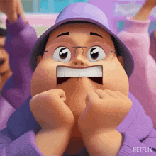 a cartoon character is wearing a purple hat and glasses and has a surprised look on his face .