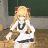a girl sitting in a chair with a piece of paper on her lap that says ' a ' on it