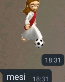 a cartoon of jesus kicking a soccer ball with the time of 8:31