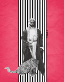 a black and white photo of a man holding a leopard on a pink and black striped background