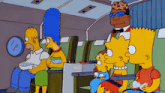a group of simpsons characters sitting on a plane eating popcorn