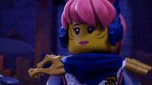 a close up of a lego character with pink hair and headphones