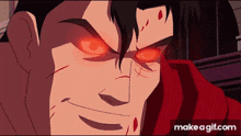 a close up of a cartoon character 's face with red eyes and make a gif.com at the bottom