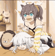 two anime girls are playing on a bed with a stuffed animal lion in the background