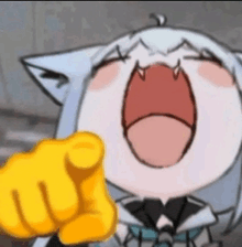 a cartoon cat is screaming and pointing at the camera with a yellow finger .