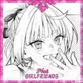 a black and white drawing of a girl with nei girlfriends written in pink