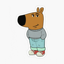 a cartoon dog wearing a sweater , jeans , and sneakers .