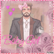a picture of a man with a bow on his head and the words baby girl written in pink