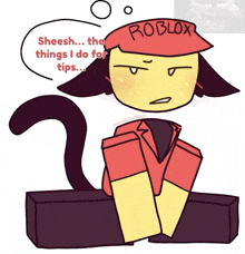 a drawing of a cat wearing a red hat that says roblox