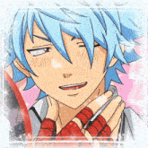 a drawing of a boy with blue hair and red wristbands