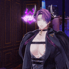 a man with horns stands in front of a neon sign that says invain