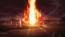 a large fire is erupting in a field with a building in the background