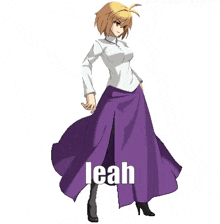 a pixel art of a girl in a purple skirt with the word leah on the bottom .