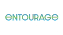 a blue and green logo for entourage on a white background